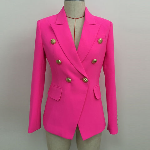 HIGH STREET 2020 Stylish Designer Blazer Women's Double Breasted Lion Buttons Slim Fitting Blazer Jacket Neon Pink