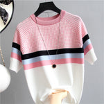 2020 Summer Short Sleeve Korean Sweater Knitted Pullover Women Sweaters Tops All-Match Basic Thin Pull Femme Jumper Female Pink