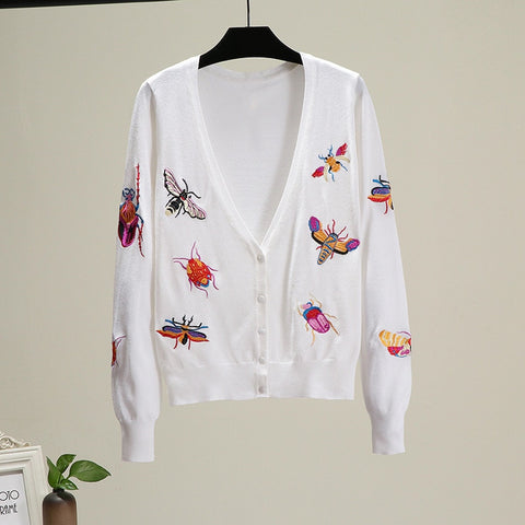 Autumn V-neck Long Sleeve Insect Cardigans Women Knitted Jacket Embroidered Sweater Women Tops Casual Outerwear TA8906