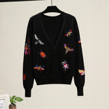 Autumn V-neck Long Sleeve Insect Cardigans Women Knitted Jacket Embroidered Sweater Women Tops Casual Outerwear TA8906