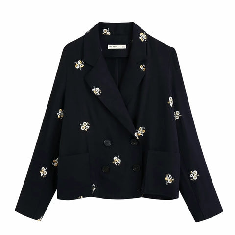 2020 Women Leisure Floral Embroidery Blazer Ladies Chic Long Sleeve Double Breasted Suits Causal Stylish Outwear Coat Tops