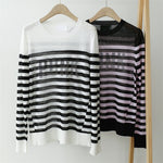 Women Sweater Striped Alphabet Hot Drill Breathable Linen Sweater Women Thin Section Loose Round Neck Long Sleeve