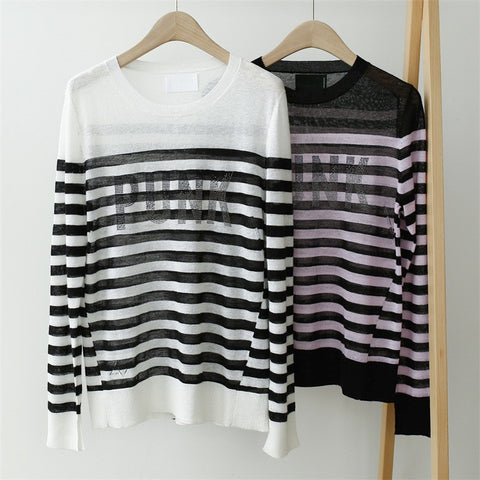 Women Sweater Striped Alphabet Hot Drill Breathable Linen Sweater Women Thin Section Loose Round Neck Long Sleeve