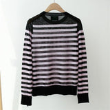 Women Sweater Striped Alphabet Hot Drill Breathable Linen Sweater Women Thin Section Loose Round Neck Long Sleeve