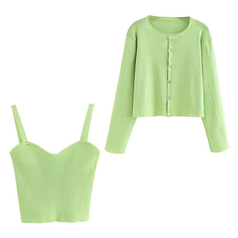 2020 summer new women 's solid green cardigan knitted sweater Casual two pieces set fashion streetwear sexy female tops