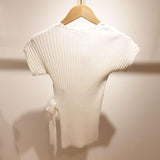 2020 Women White Knitted Short Sleeve Pullover tee Sweater O Neck Side Tie Bow Hollow Out Sexy Slim Striped Tee Tops