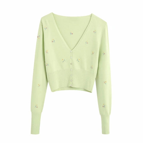 new women fashion v neck floral embroidery knitted casual slim thin sweater ladies long sleeve buttons leisure sweater tops S260