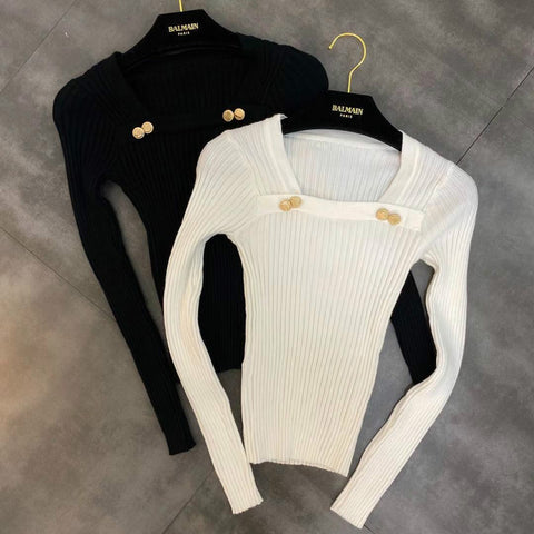 2019 Winter New Sexy Square Collar Long Sleeve Gold Button Elastic Sweater Women's Sweater White Black Jumper Pullover Femme