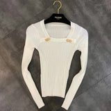 2019 Winter New Sexy Square Collar Long Sleeve Gold Button Elastic Sweater Women's Sweater White Black Jumper Pullover Femme