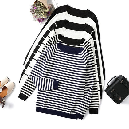 Striped Knitted Long Sleeve Women's Sweater Autumn O-Neck White Black Womens Pullover Sweaters 2019 Winter Casual Jumper Ladies