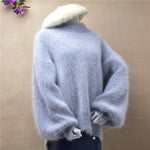 Korea solid women loose o-neck long lantern sleeves plush angora rabbit fur knitwear autumn female thick blouses basic pullover