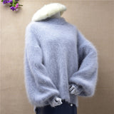 Korea solid women loose o-neck long lantern sleeves plush angora rabbit fur knitwear autumn female thick blouses basic pullover